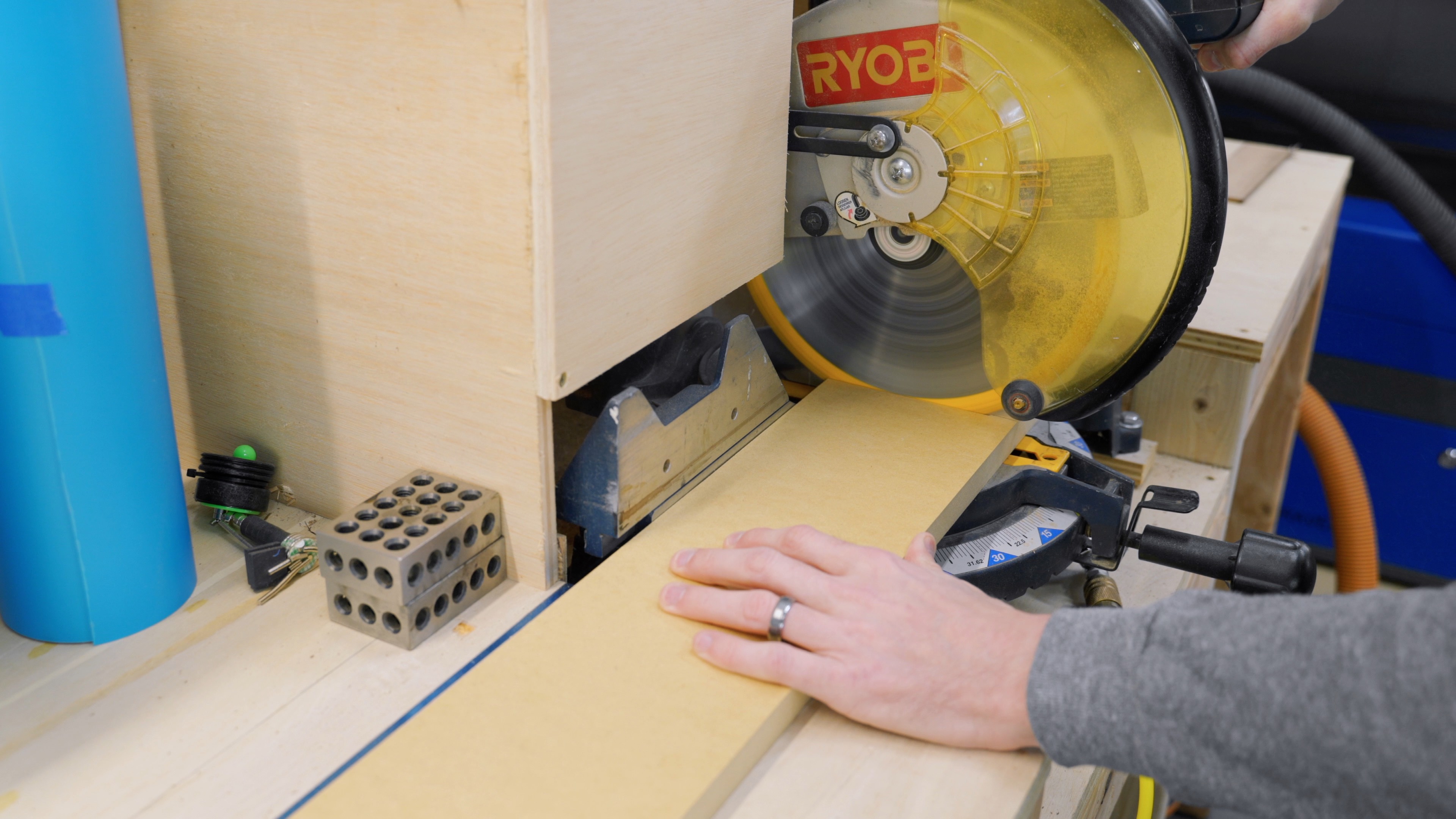 Cut MDF to size on miter saw for custom bluetooth speaker