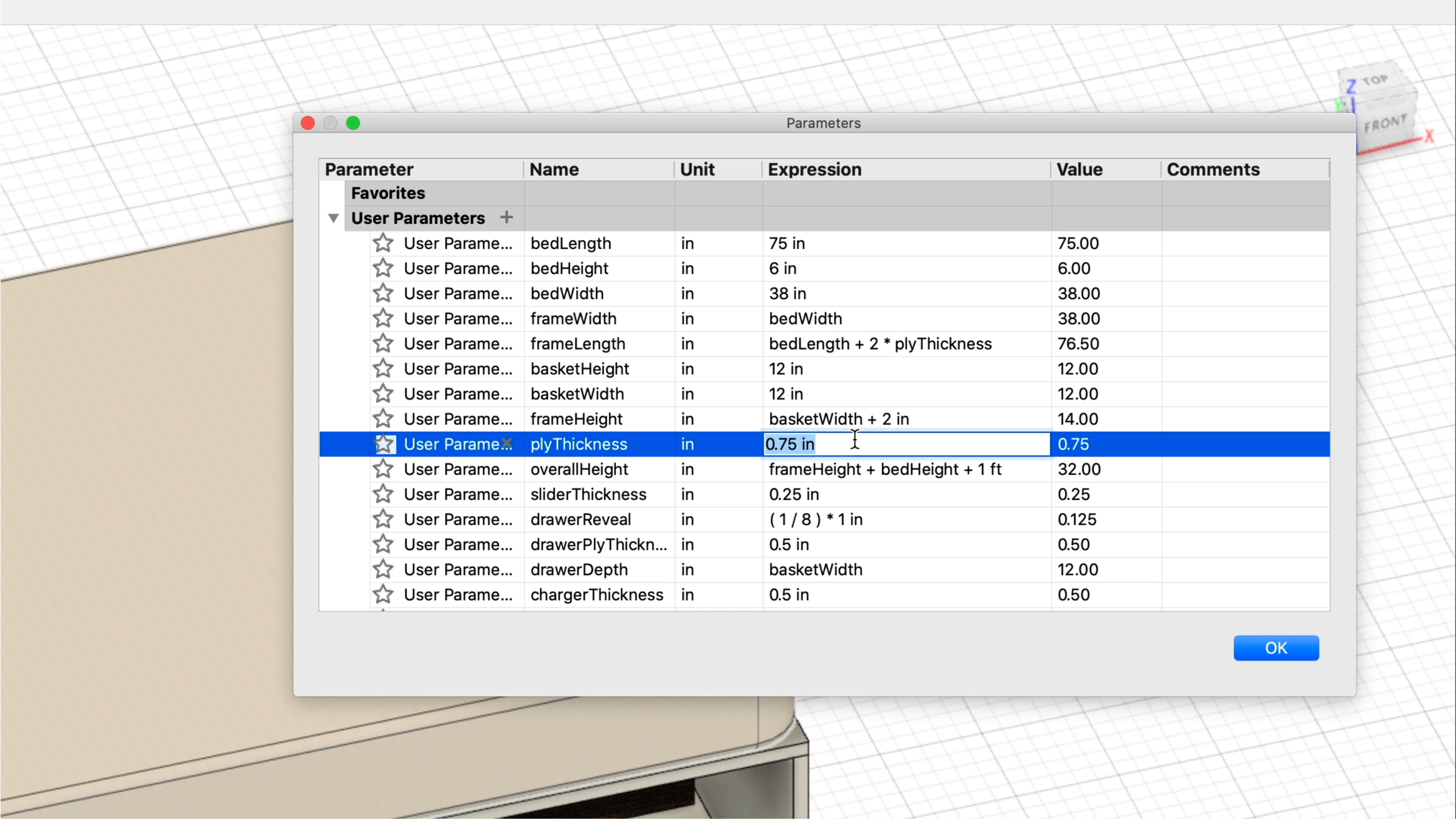 Fusion 360 Parameters for material thickness